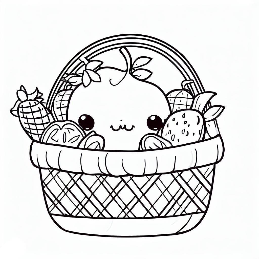Desenho de Cesta de Frutas Kawaii para Colorir e Pintar