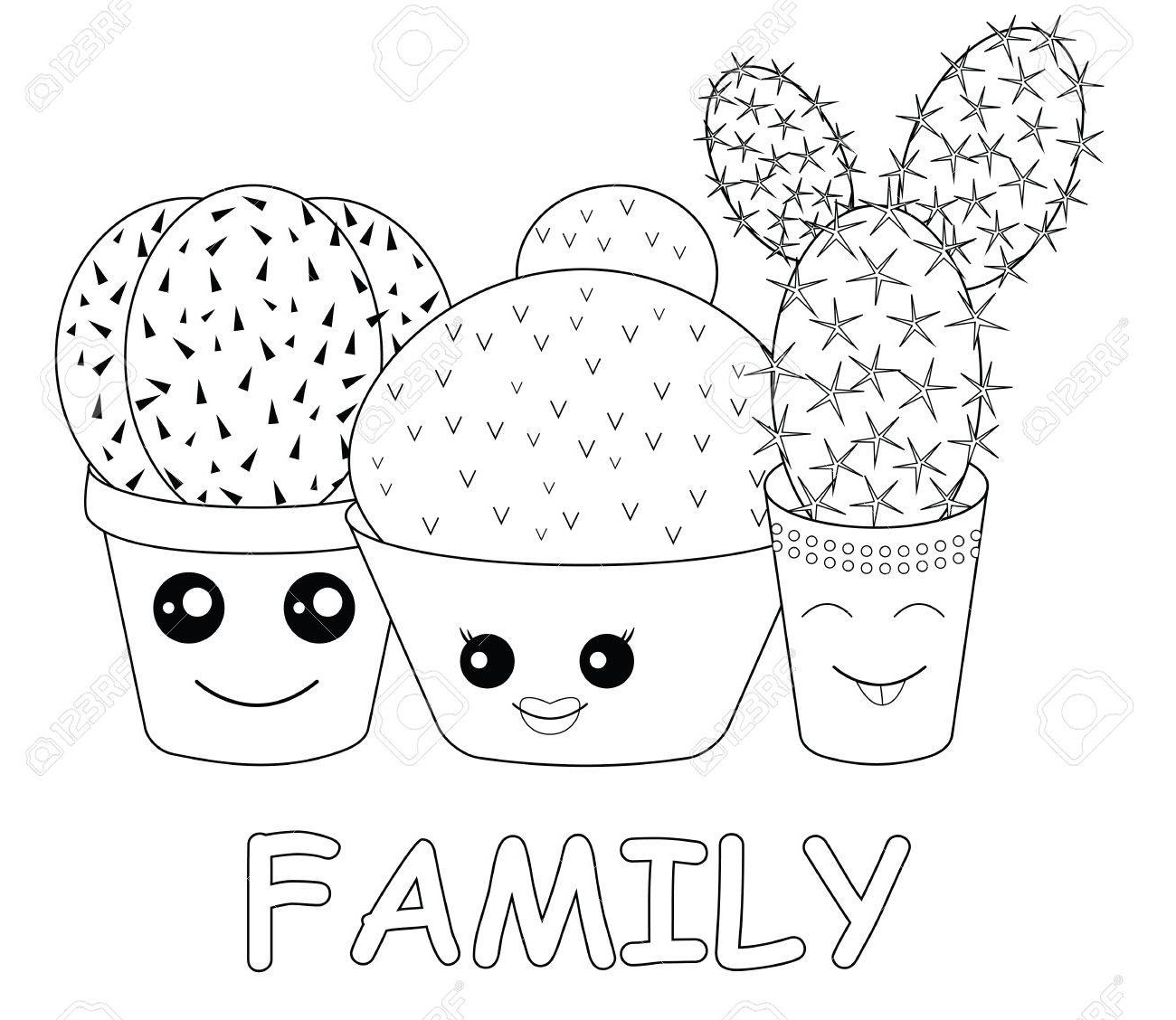 Desenho de Vários Cactos Kawaii para Baixar e Pintar