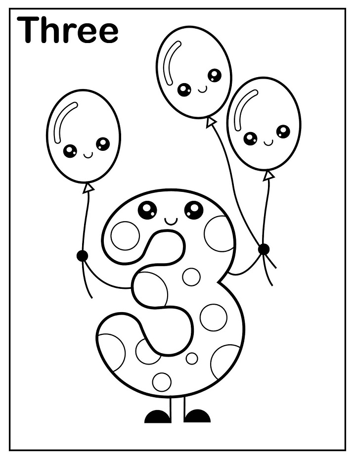 Desenho do Número Trez Kawaii para Baixar e Pintar