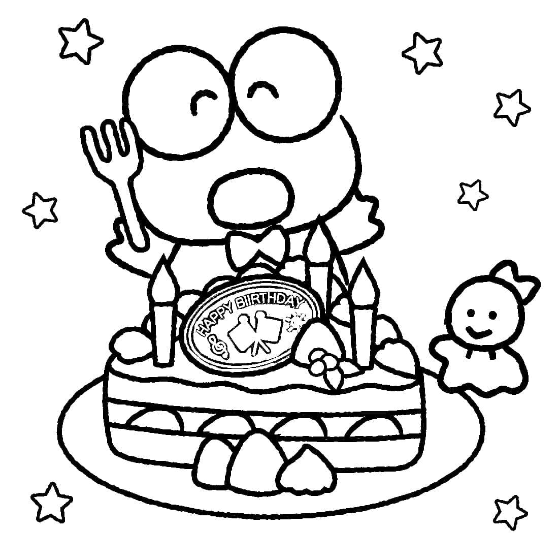 Desenho de Keroppi com Bolo de Aniversário para Colorir e Pintar