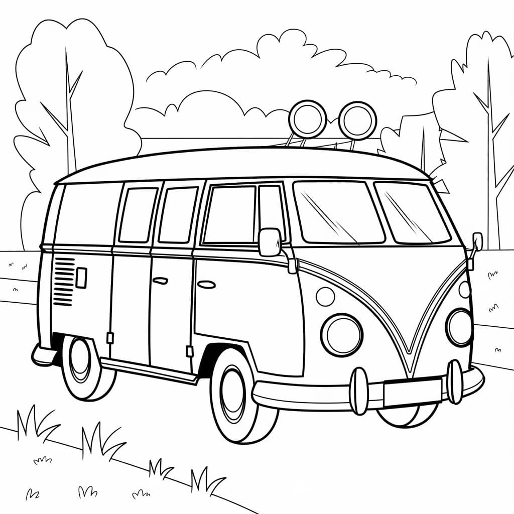Desenho de Kombi na Estrada para Colorir e Pintar