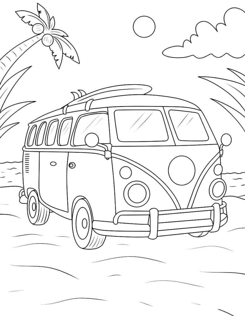 Desenho de Kombi na Praia para Colorir e Pintar
