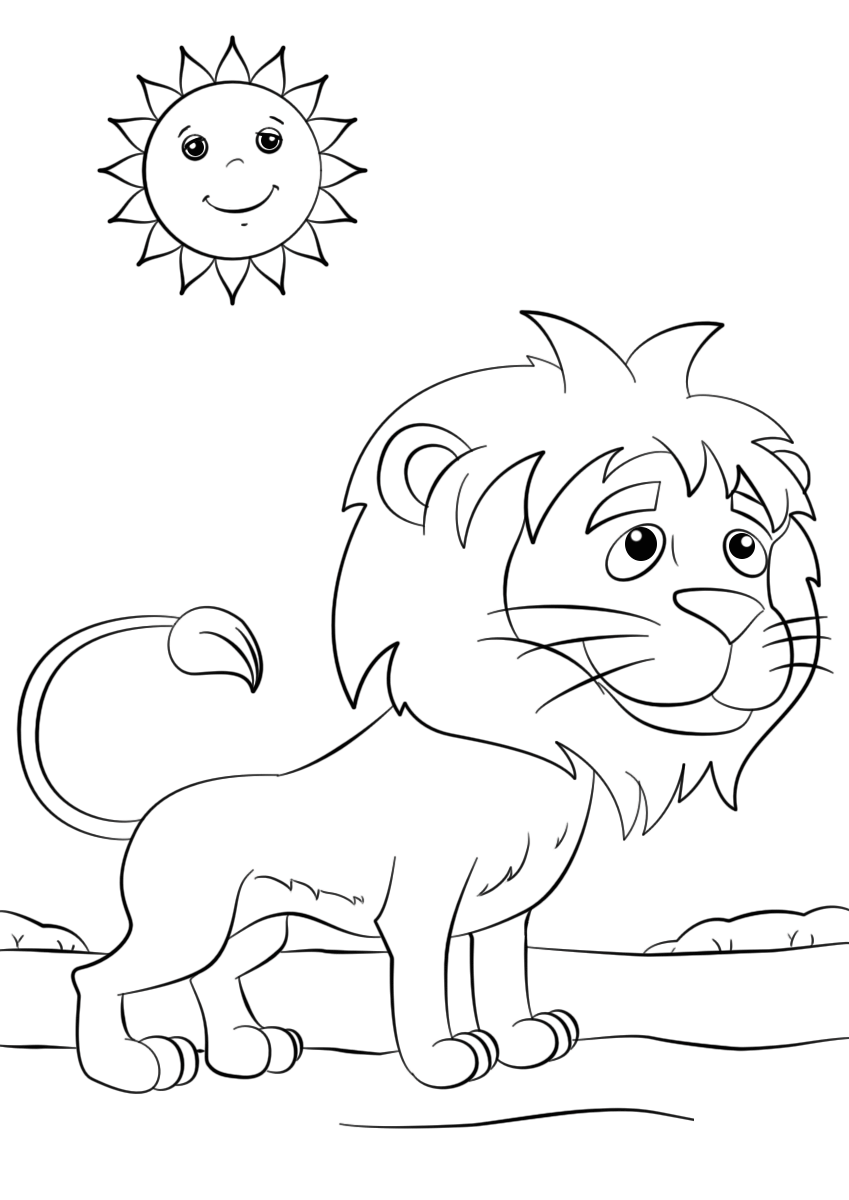 Desenho Pdf Cartoon de Leão na Savana para Colorir e Pintar