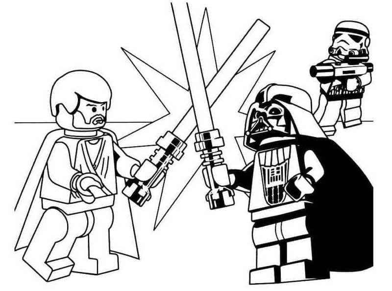 Desenho de Lego Obi Wan Kenobi Vs Darth Vader para Colorir e Pintar