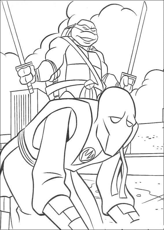 Desenho de Leonardo Tartarugas Ninja Vs Vilão para Colorir e Pintar