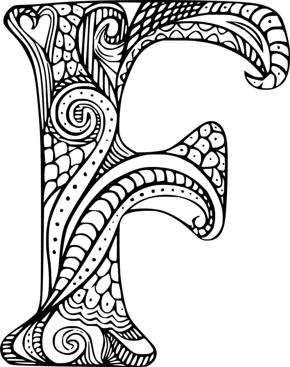 Desenho de Zentangle Letra F para Colorir e Pintar