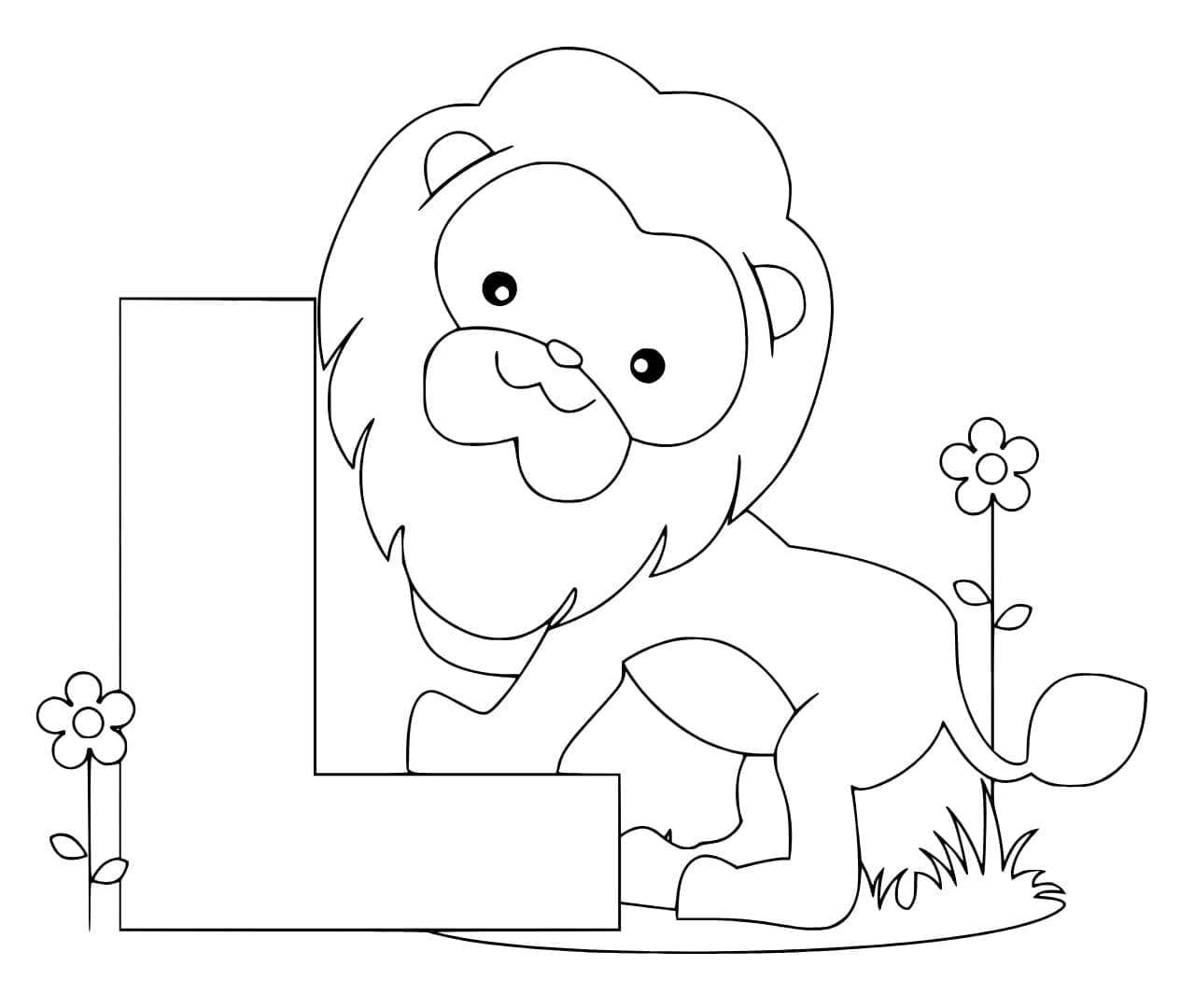 Desenho de Letra L com Leão para Colorir e Pintar