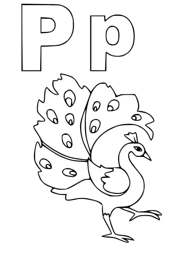 Desenho de Letra P e para Pavão para Colorir e Pintar