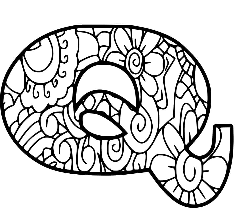 Desenho de Zentangle Letra Q para Colorir e Pintar