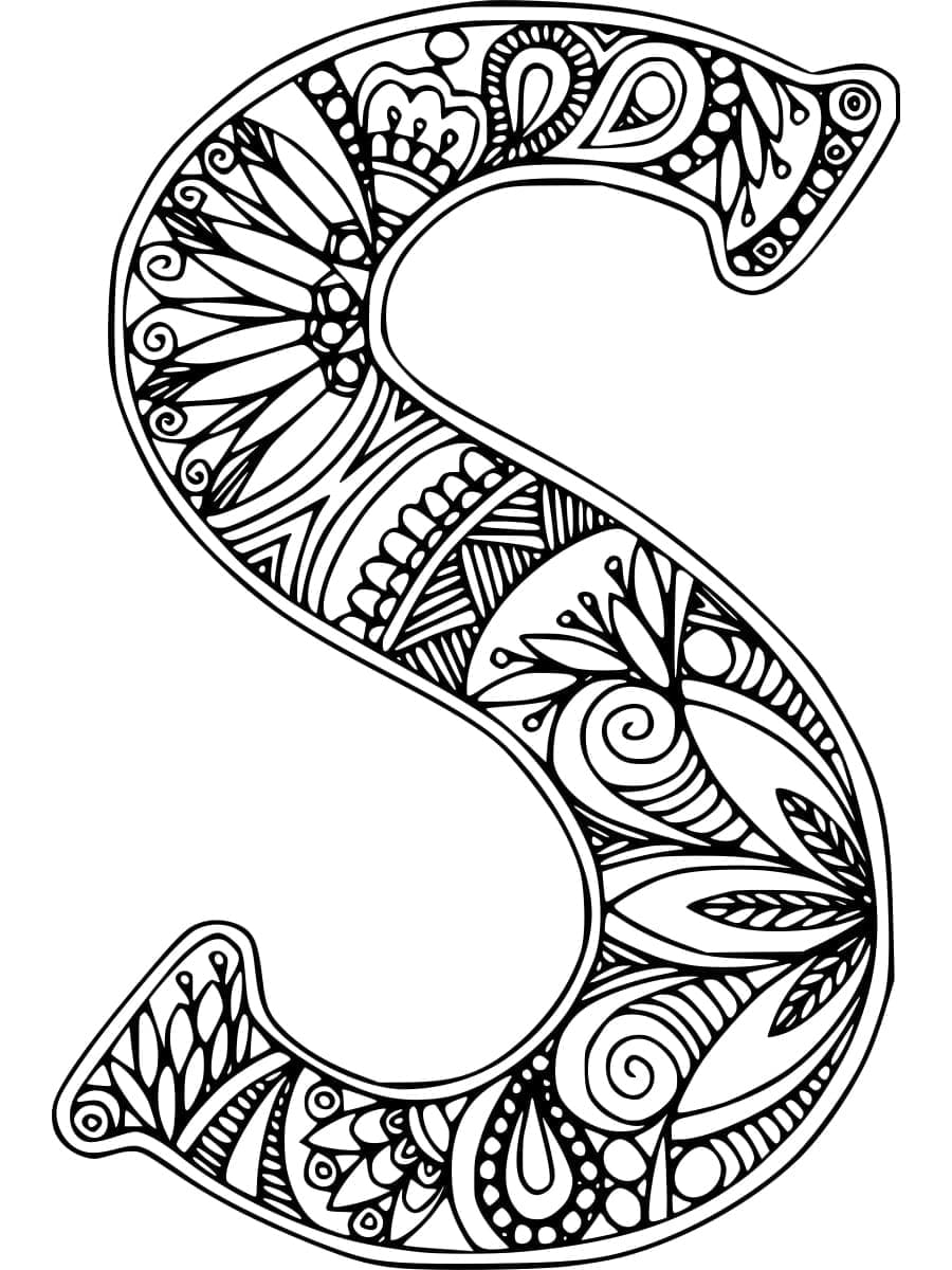 Desenho de Zentangle Letra S para Colorir e Pintar