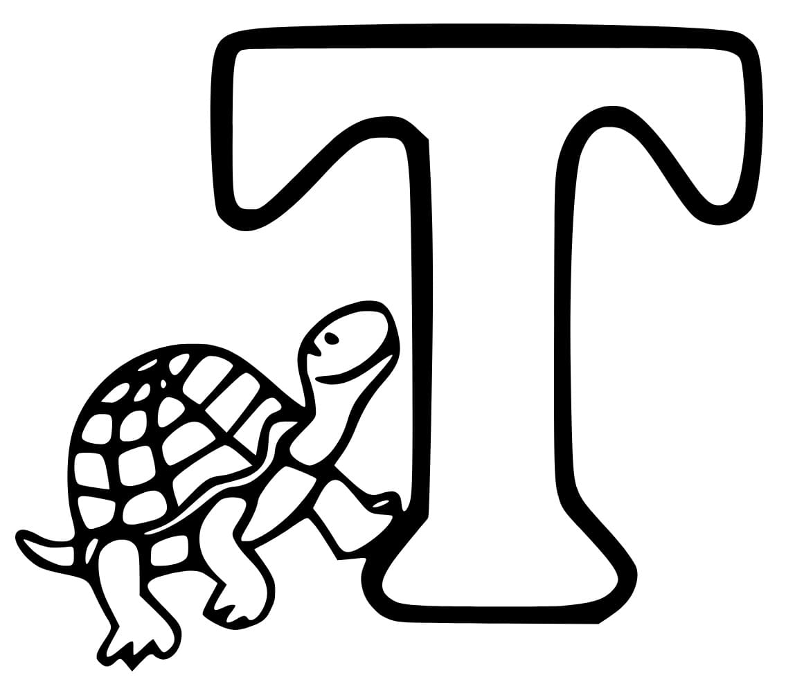 Desenho de Letra T e para Tartaruga para Colorir e Pintar