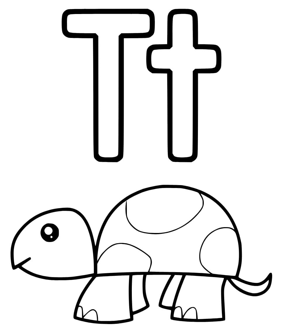 Desenho de Letra T e Tartaruga para Colorir e Pintar