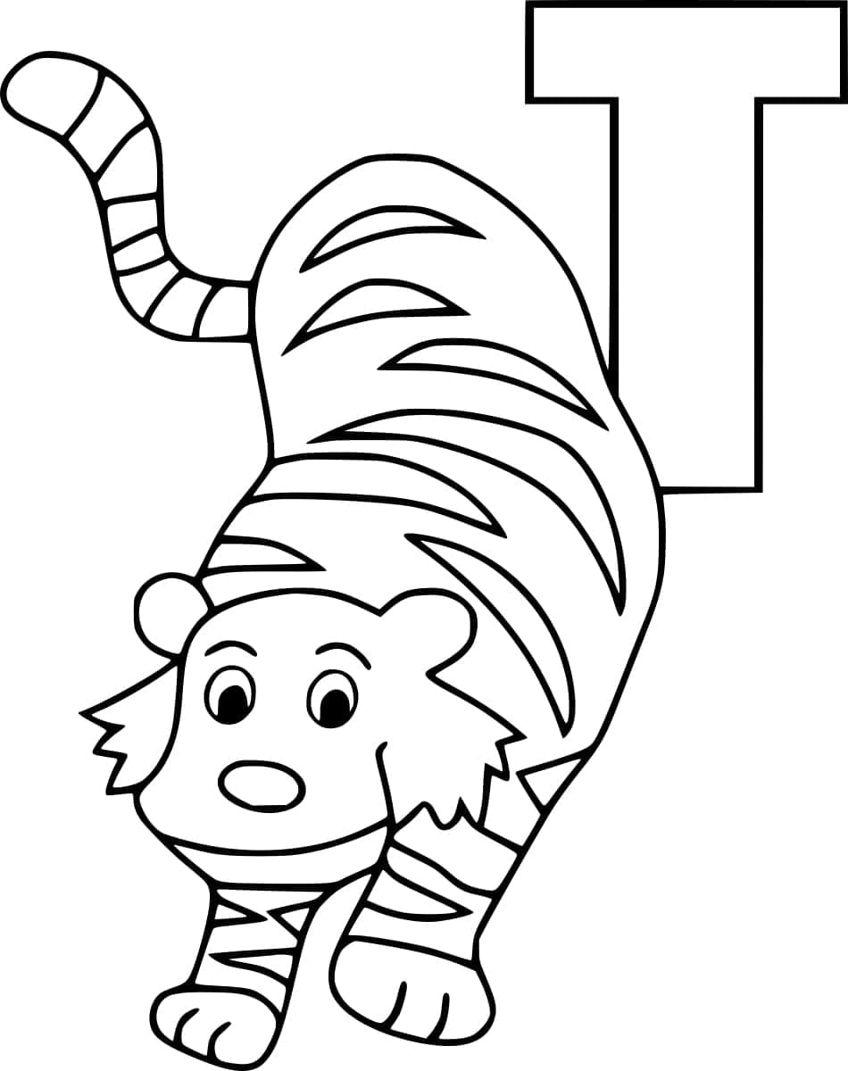 Desenho de Letra T e Tigre para Colorir e Pintar