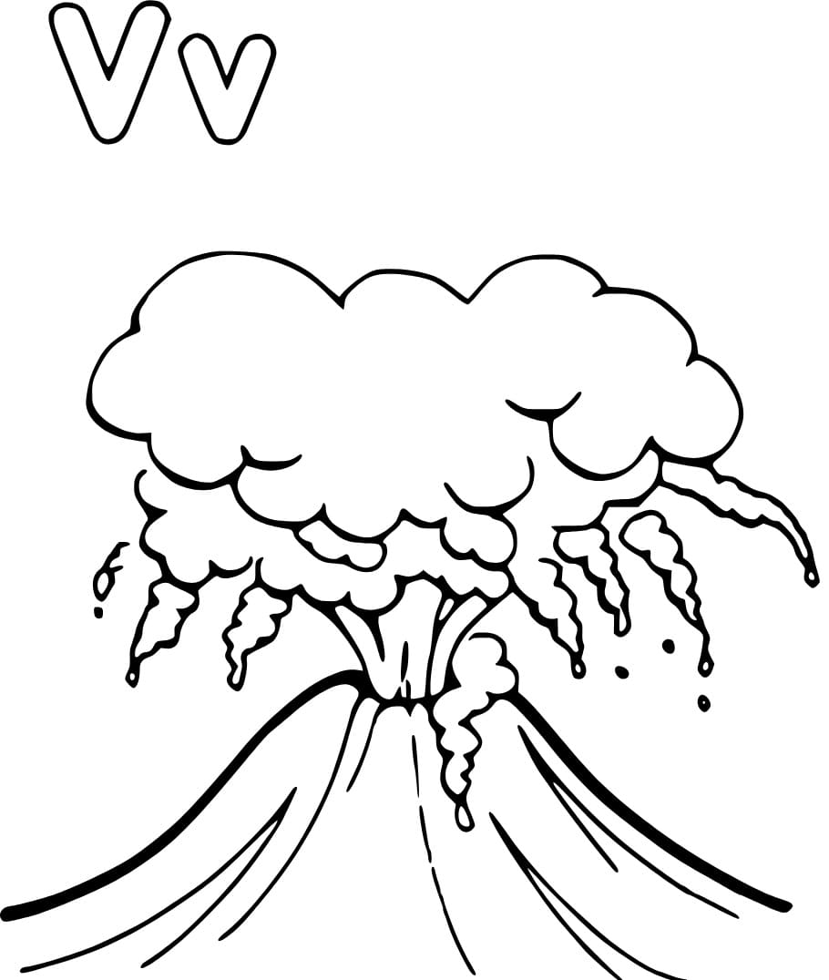 Desenho de Letra V e para Vulcão para Colorir e Pintar