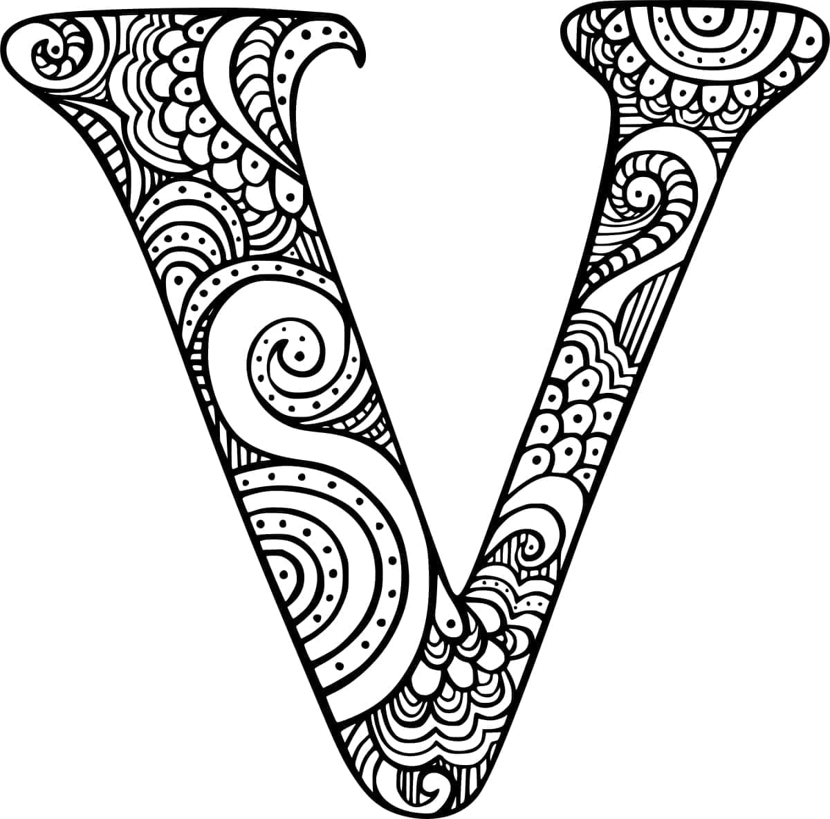 Desenho de Letra V Zentangle para Colorir e Pintar