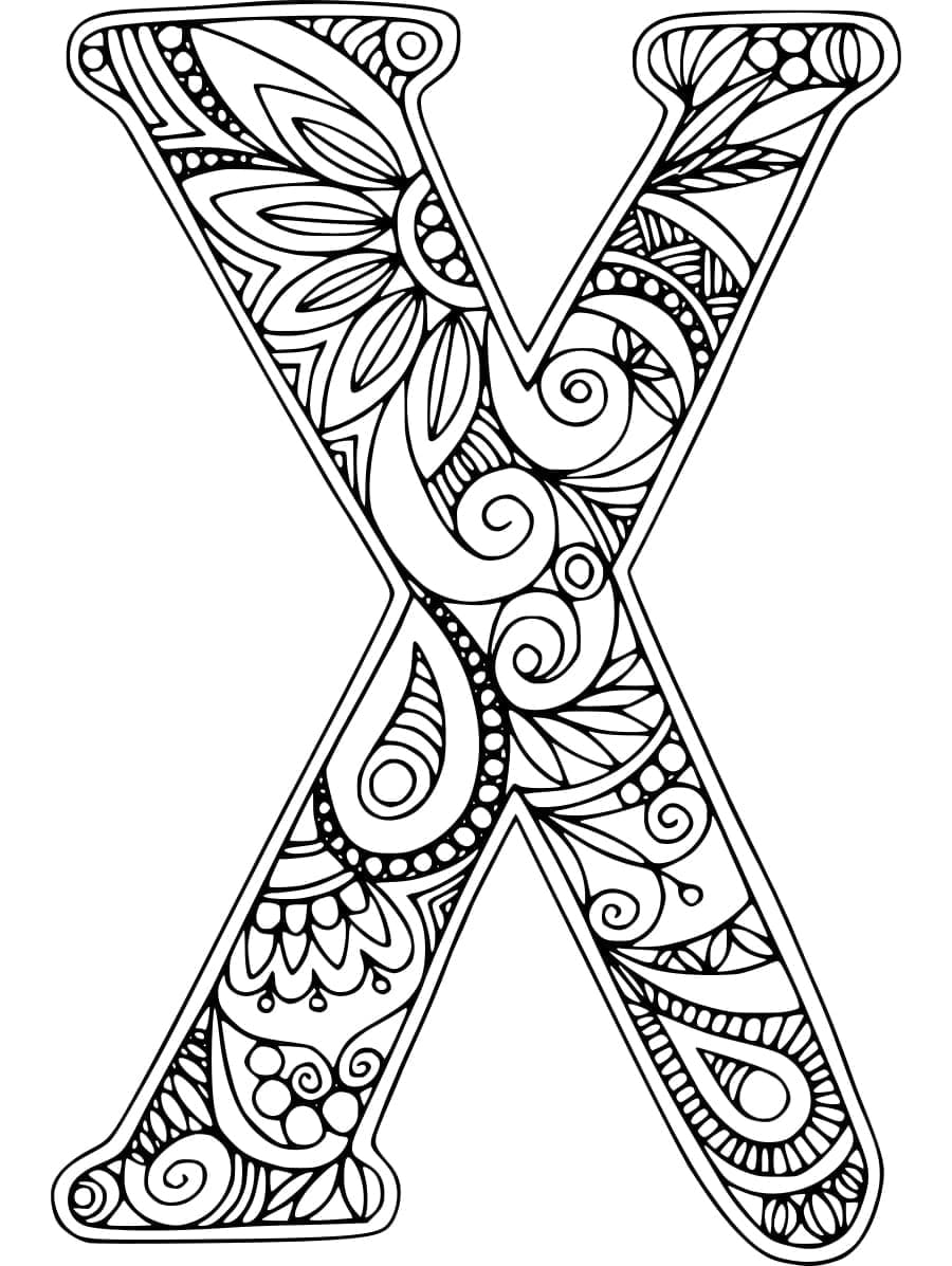 Desenho de Zentangle Letra X para Colorir e Pintar