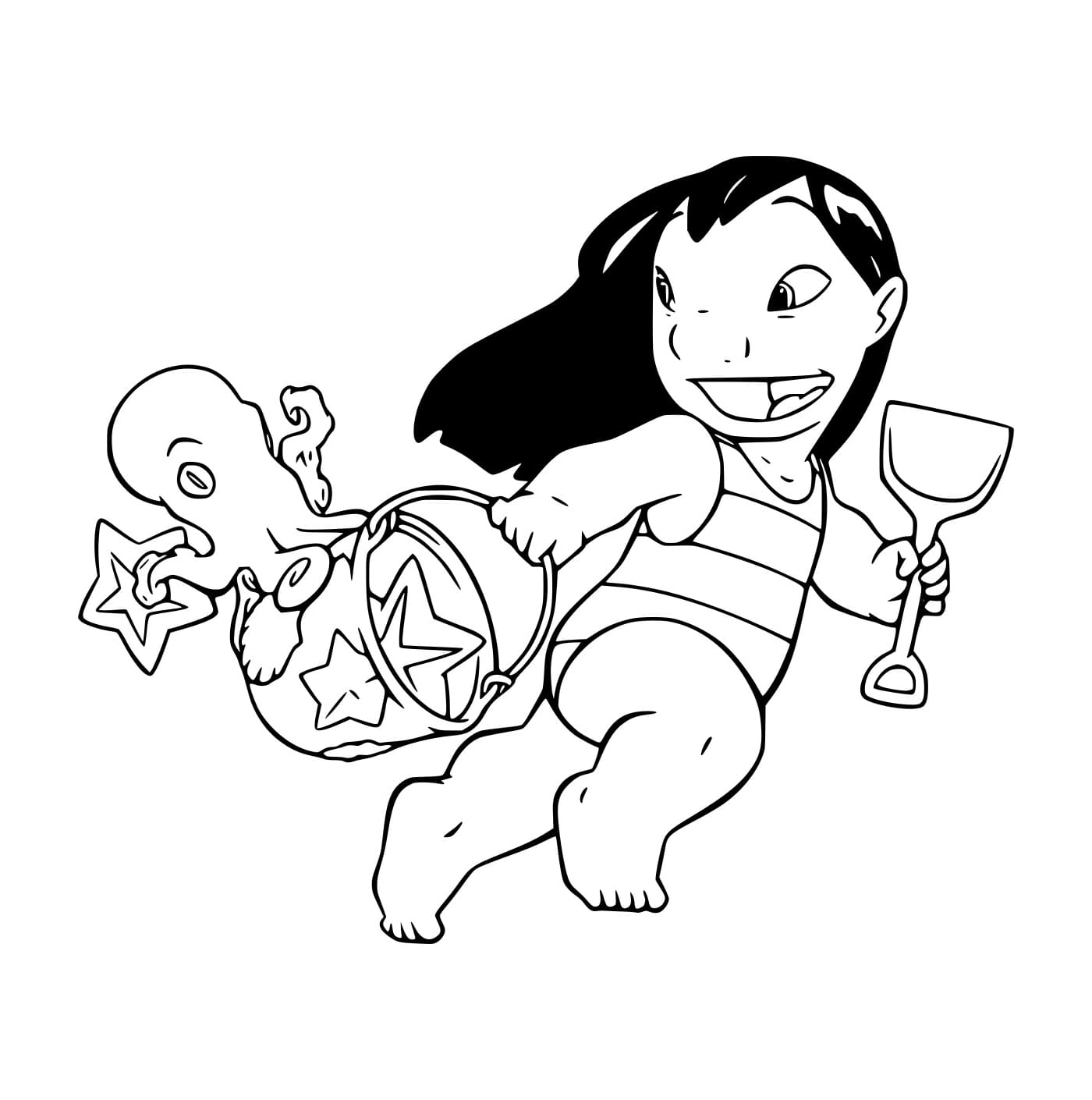 Desenho de Lilo Segurá uma Pá e um Balde para Colorir e Pintar