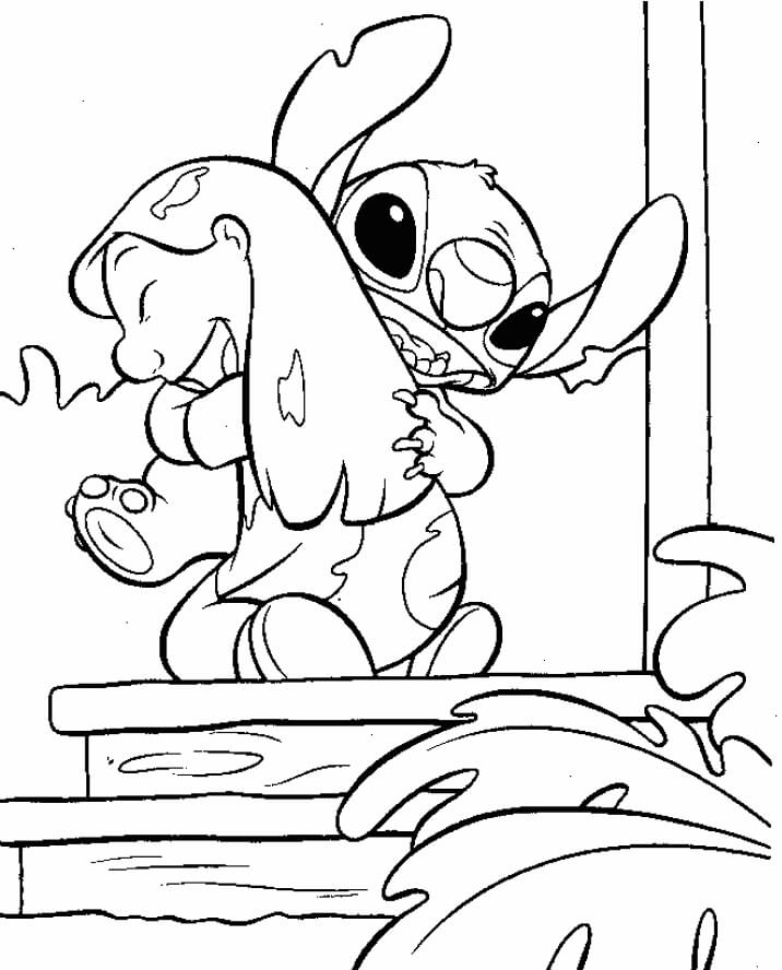 Desenho de Lilo Abraçando Seu Amigo Stitch na Escada para Colorir e Pintar