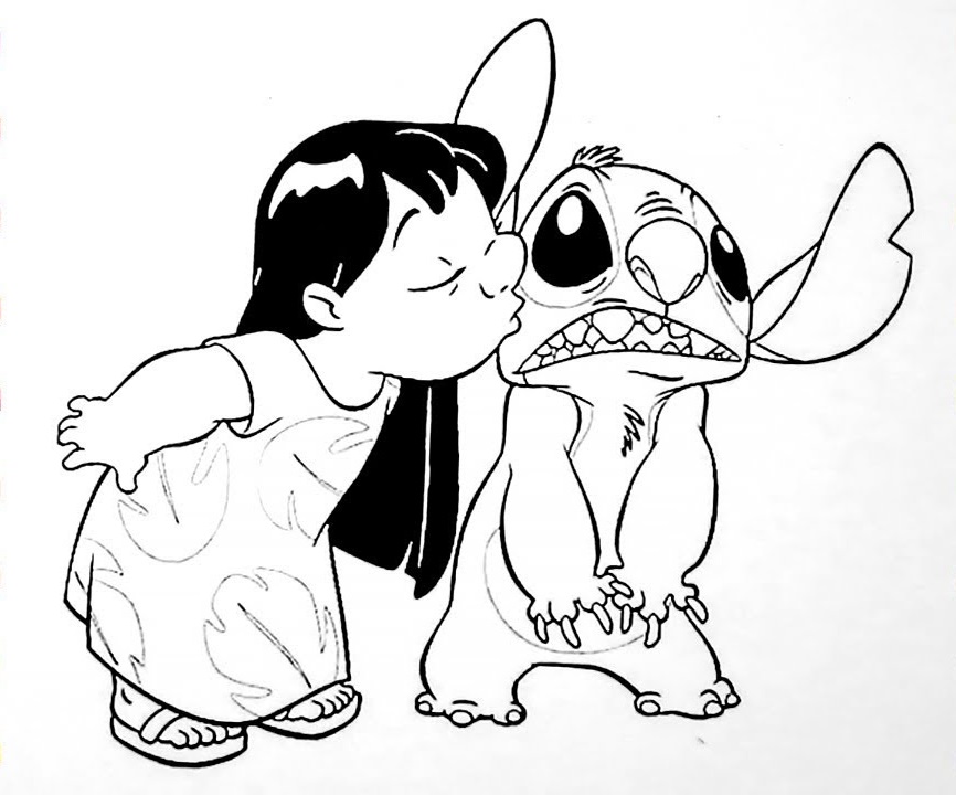 Desenho de Lilo Beijando Rosto de Stitch A4 para Colorir e Pintar