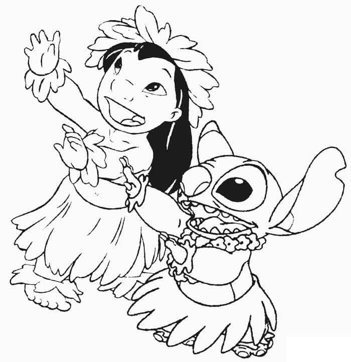 Desenho de Lilo e Stitch Dançando na Praia para Colorir e Pintar