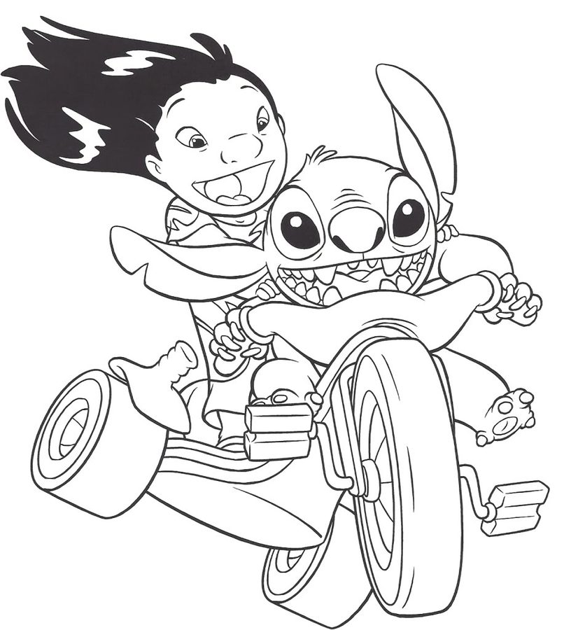 Desenho de Lilo e Stitch em Aventurá com Triciculo para Colorir Grátis e Pintar