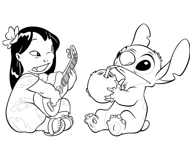 Desenho de Lilo Tocando Violão e Stitch Bebendo Água de Coço para Colorir e Pintar