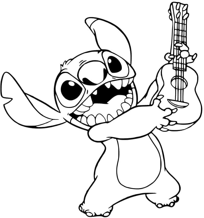 Desenho de Stitch e Guitarra para Colorir e Pintar