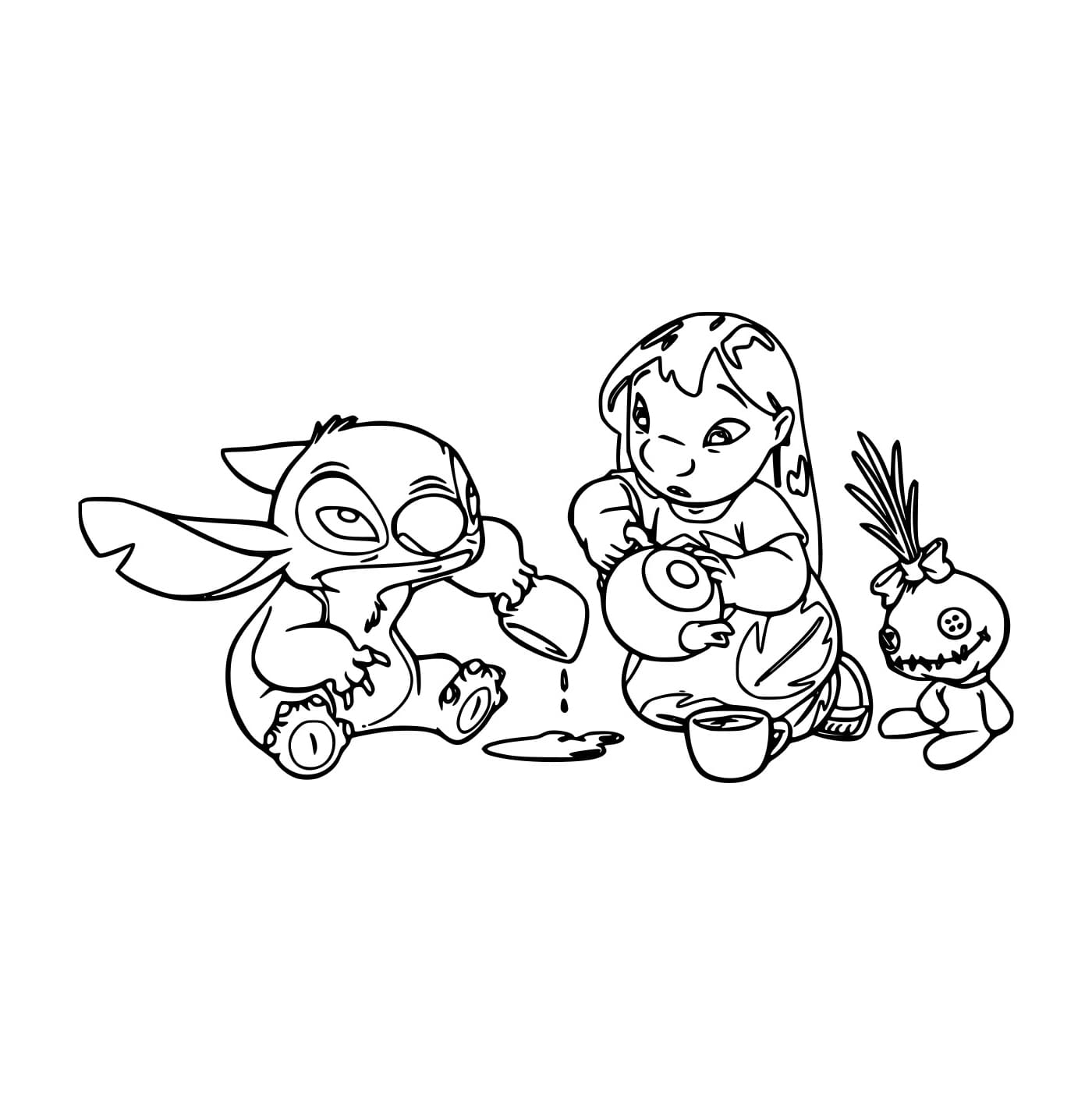 Desenho de Stitch e Lilo Bebendo Chã para Colorir e Pintar