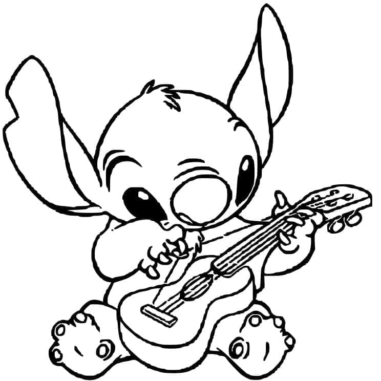 Desenho de Stitch Tocando Guitarra para Colorir e Pintar