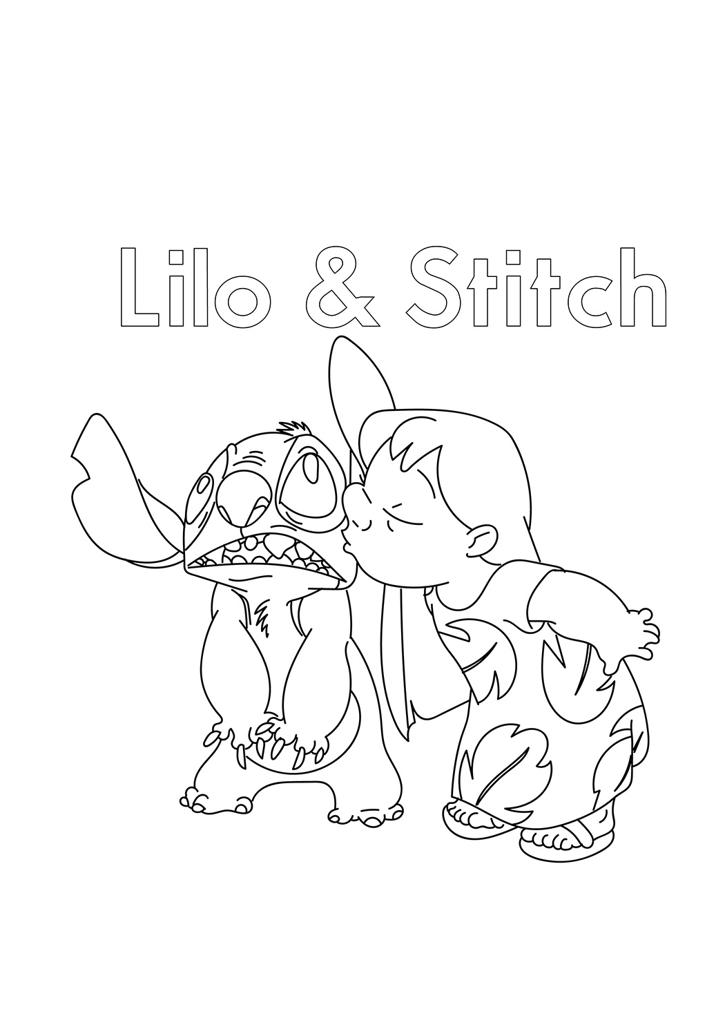 Desenho do Stitch Ganhando Beijo da Amigá Lilo para Colorir e Pintar