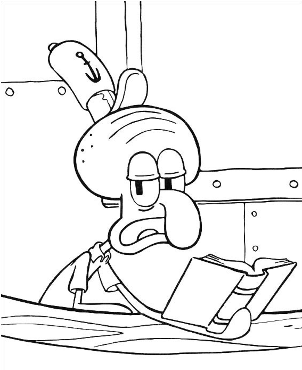 Desenho de Lula Molusco Lendo Livro no Siri Cascudo para Colorir e Pintar