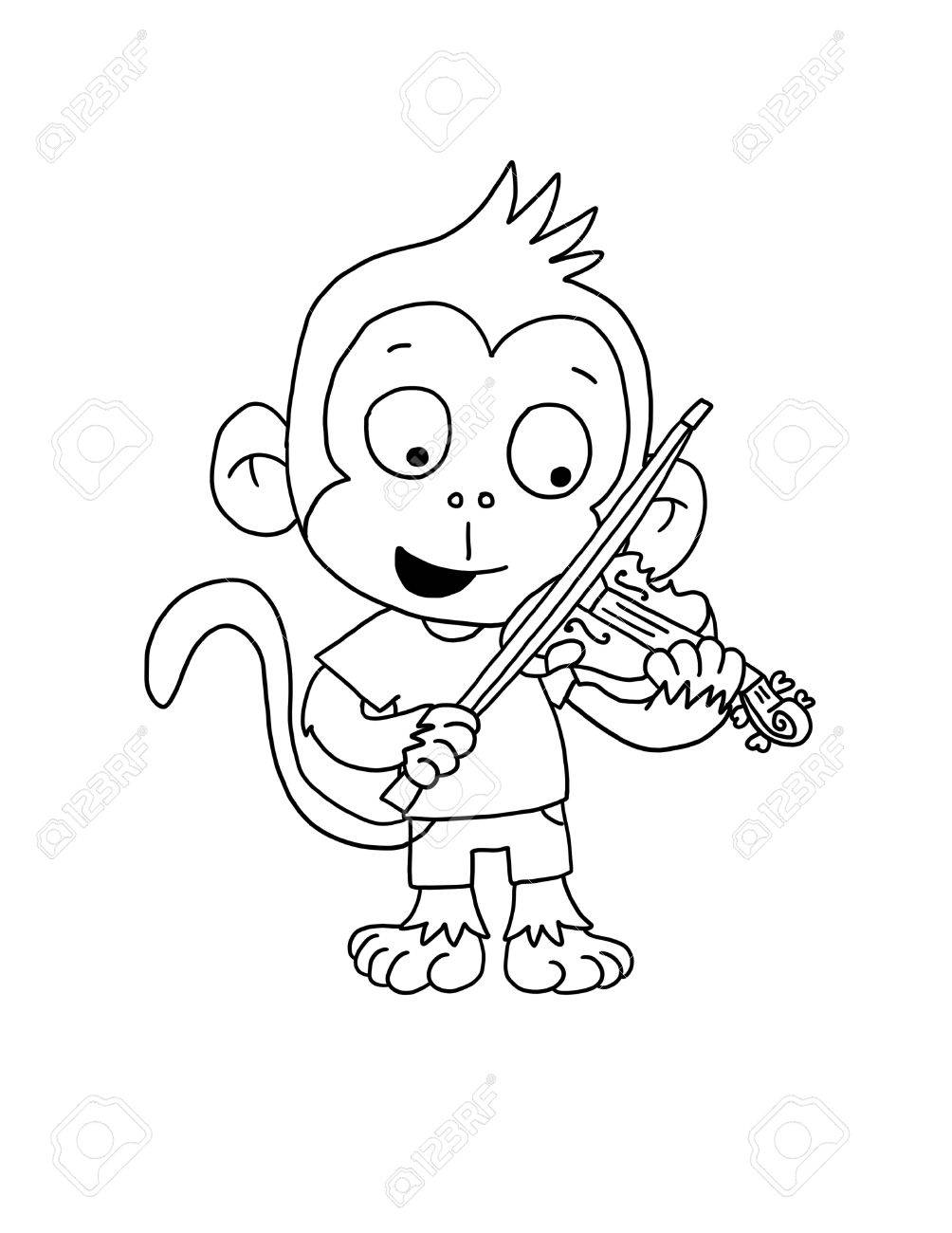 Desenho de Macaco Pequeno Tocando Violino na Floresta para Colorir e Pintar