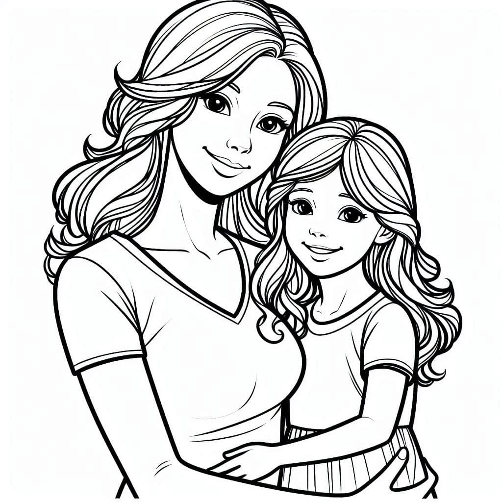 Desenho de Foto de Mãe e Filha para Colorir e Pintar