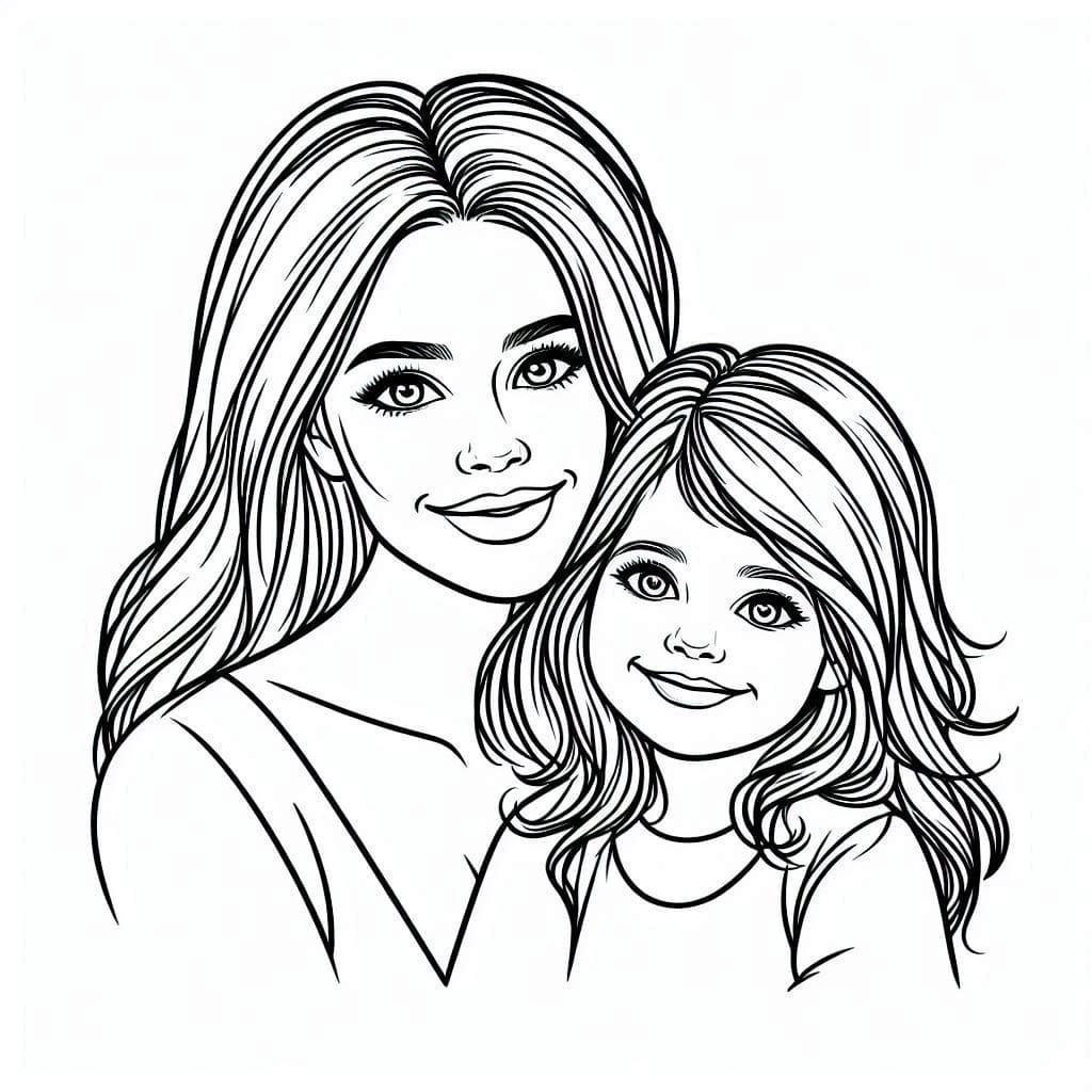 Desenho de Imagem de Mãe e Filha para Colorir e Pintar