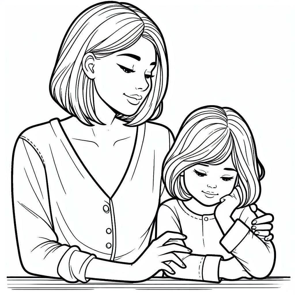Desenho de Imprimivel Mãe e Filha para Colorir e Pintar