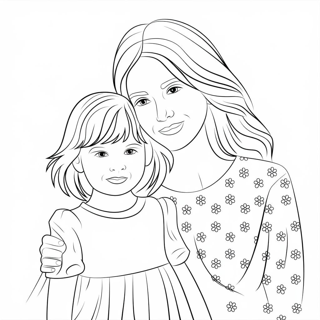 Desenho de Mãe com Filha para Colorir e Pintar