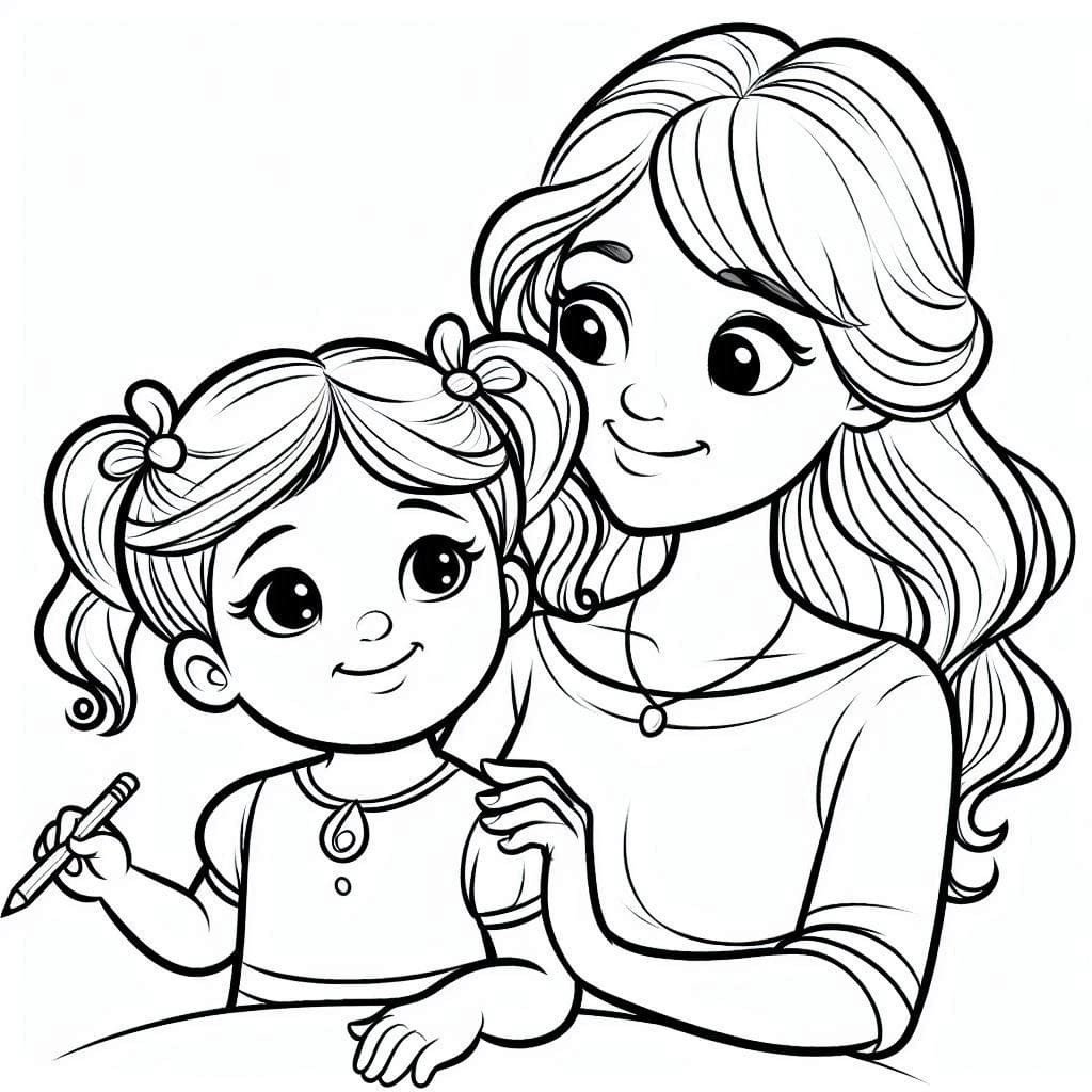 Desenho de Mãe e Filha Adoráveis para Colorir e Pintar