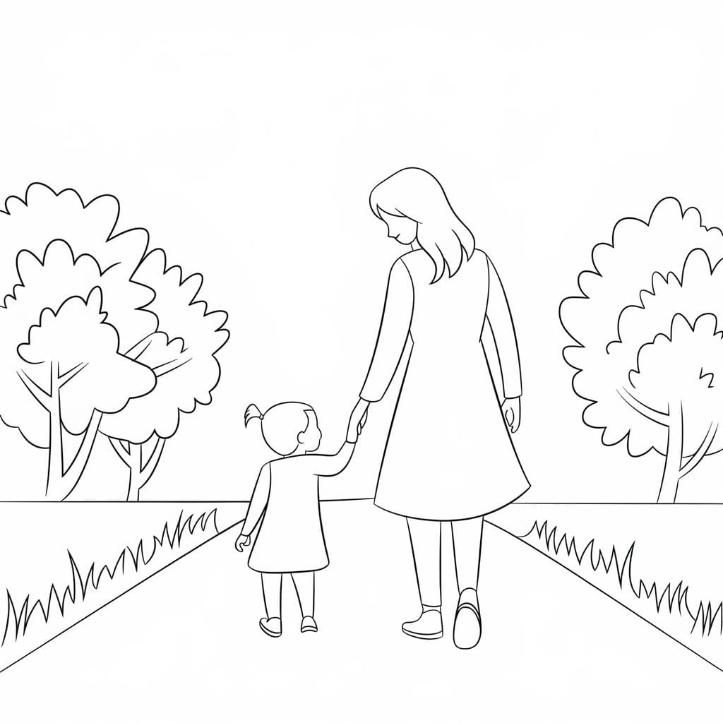 Desenho de Mãe e Filha Caminhando para Colorir e Pintar