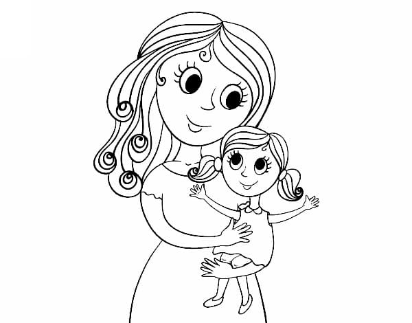 Desenho de Mãe e Filha Felizes para Colorir e Pintar