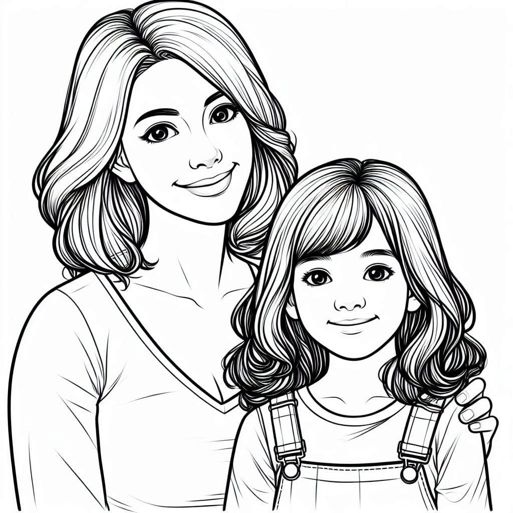 Desenho de Mãe e Filha Grátis para Crianças para Colorir e Pintar
