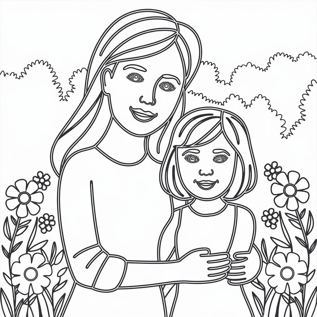 Desenho de Mãe e Filha Imprimivel Grátis para Crianças para Colorir e Pintar