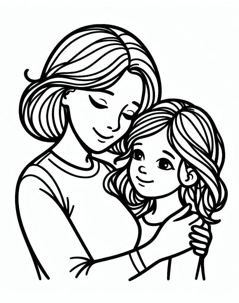 Desenho de Mãe e Filha Imprimivel para Crianças para Colorir e Pintar