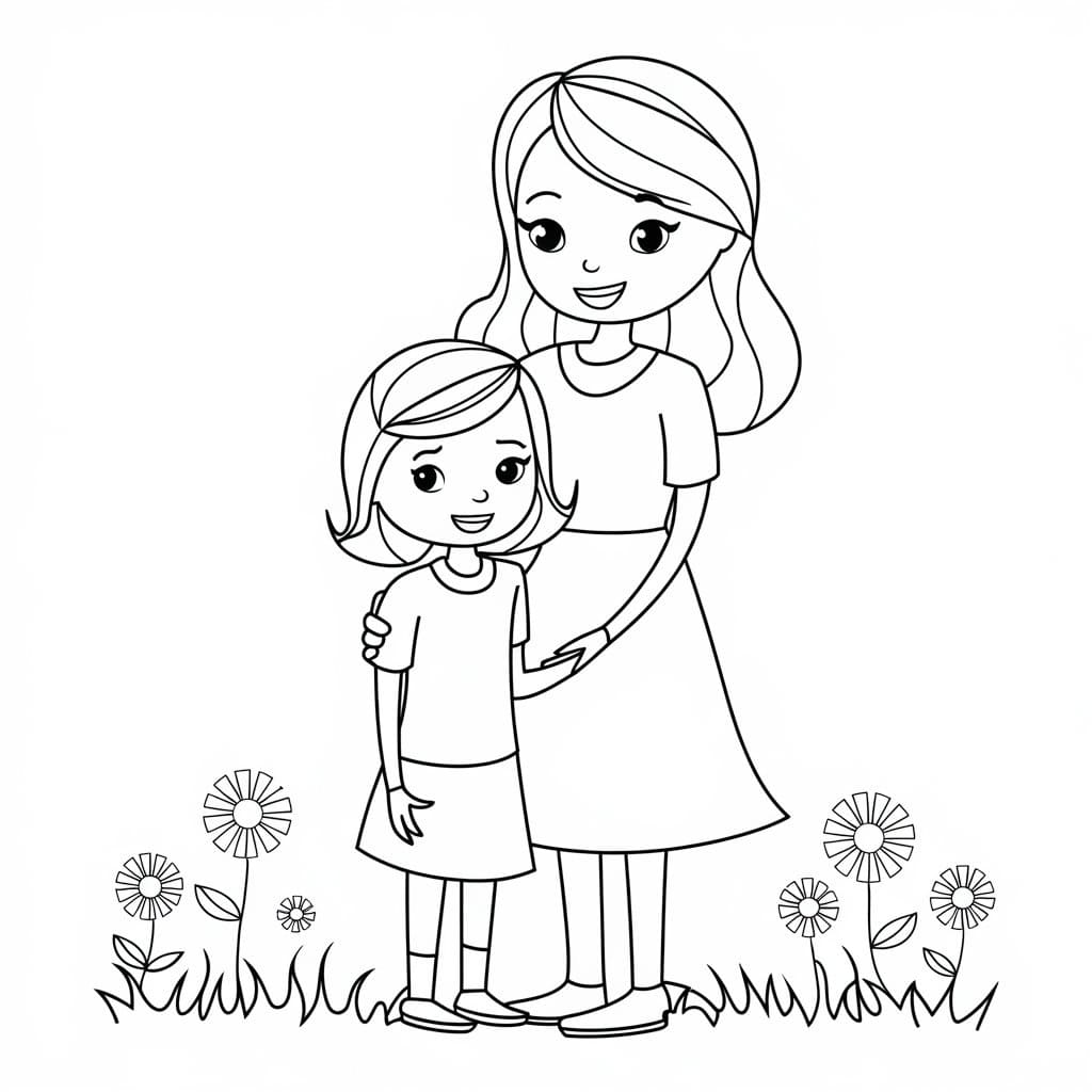 Desenho de Mãe e Filha Imprimivel para Colorir e Pintar
