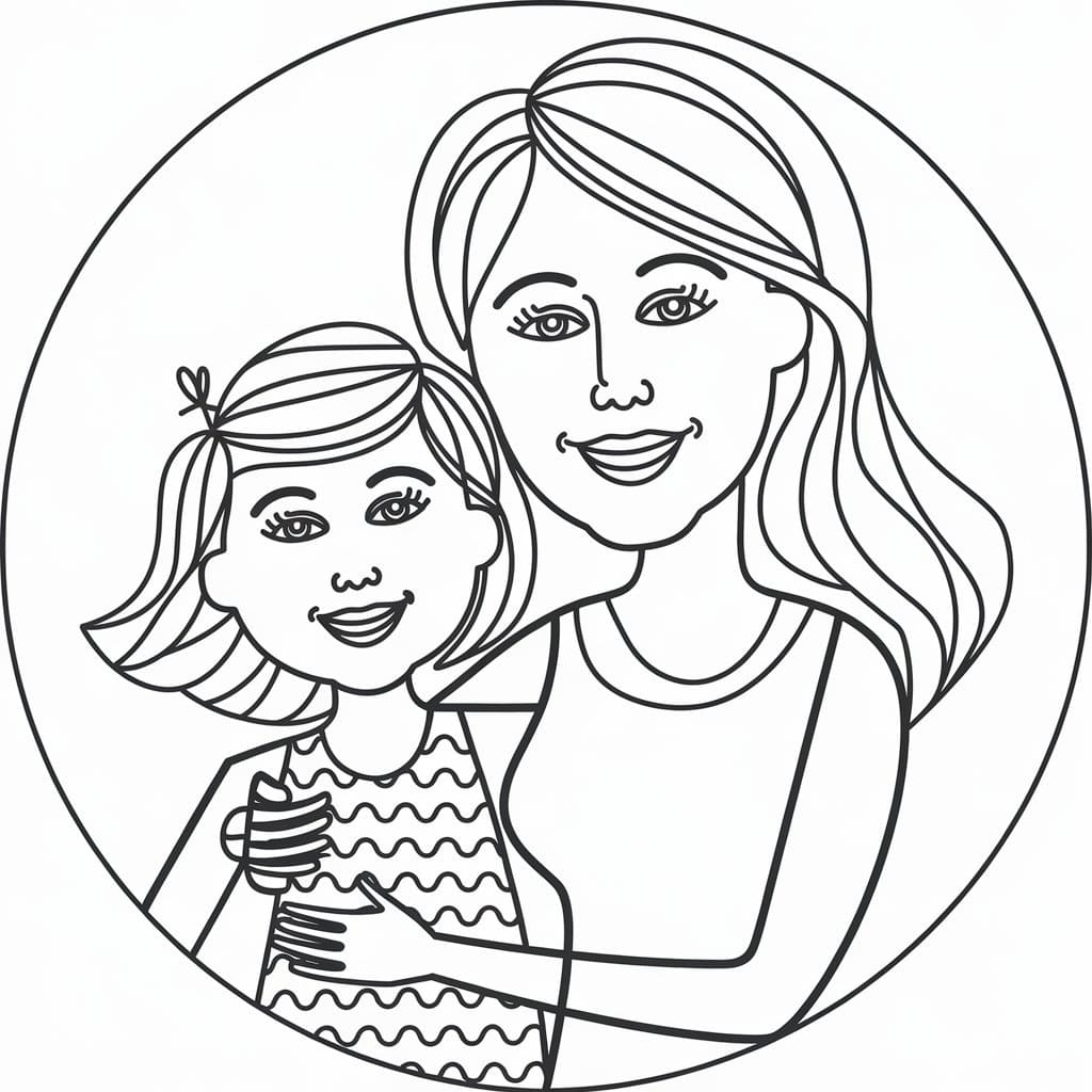 Desenho de Mãe e Filha para Crianças de 1 Ano para Colorir e Pintar