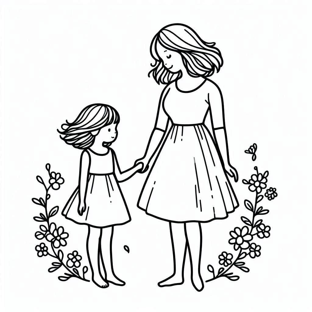 Desenho de Mãe e Filha para Crianças de 2 Ano para Colorir e Pintar