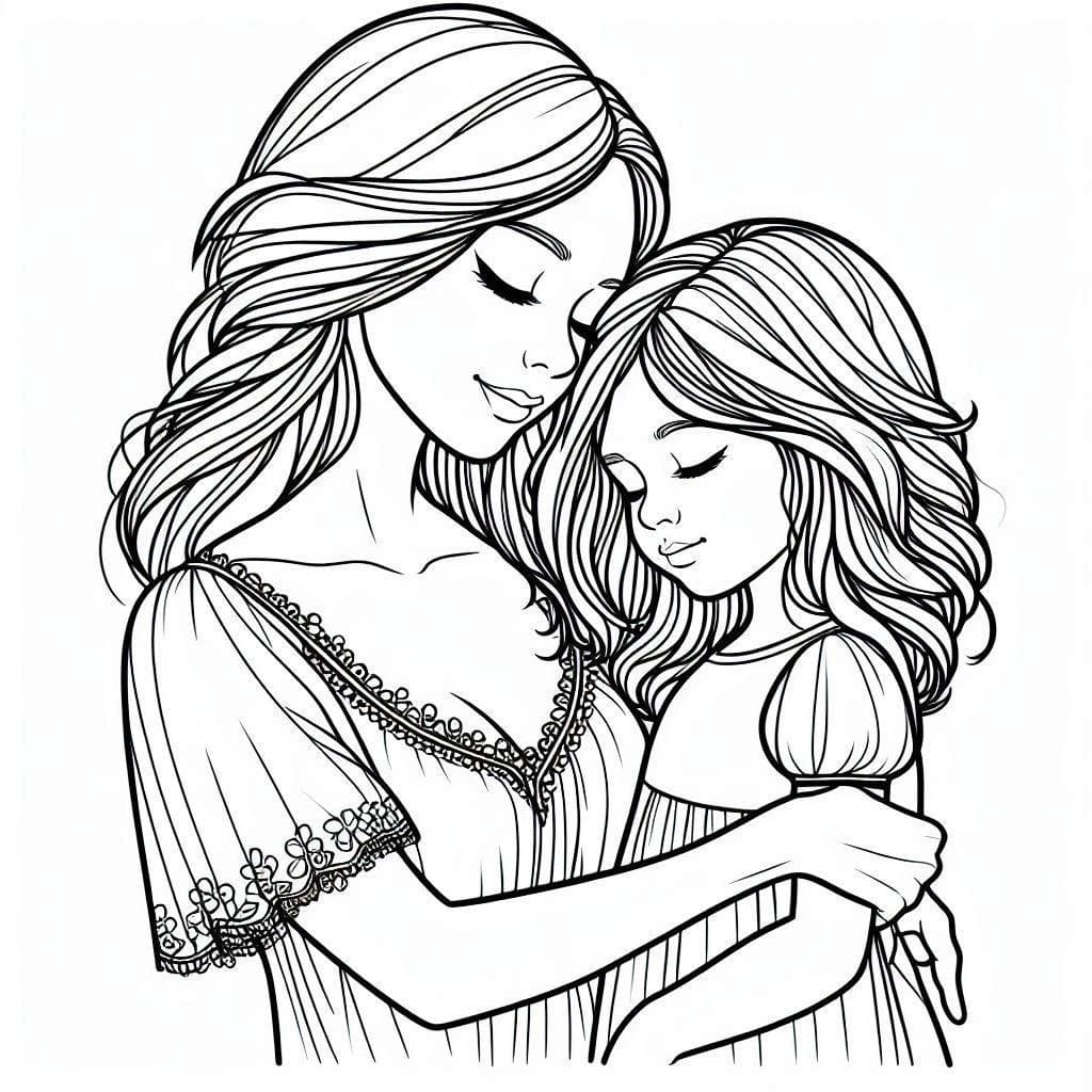 Desenho de Mãe e Filha para Crianças de 4 Ano para Colorir e Pintar