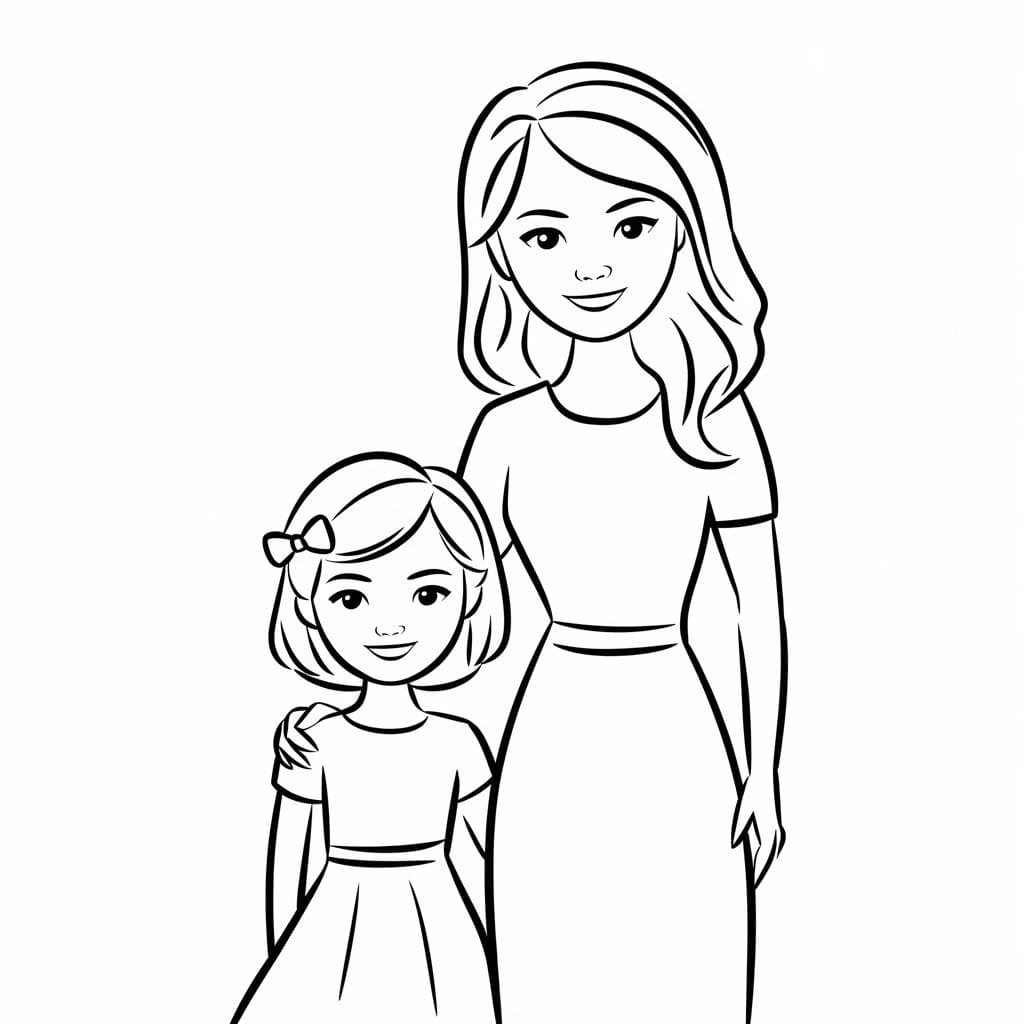 Desenho de Mãe e Filha para Crianças de 5 Ano para Colorir e Pintar