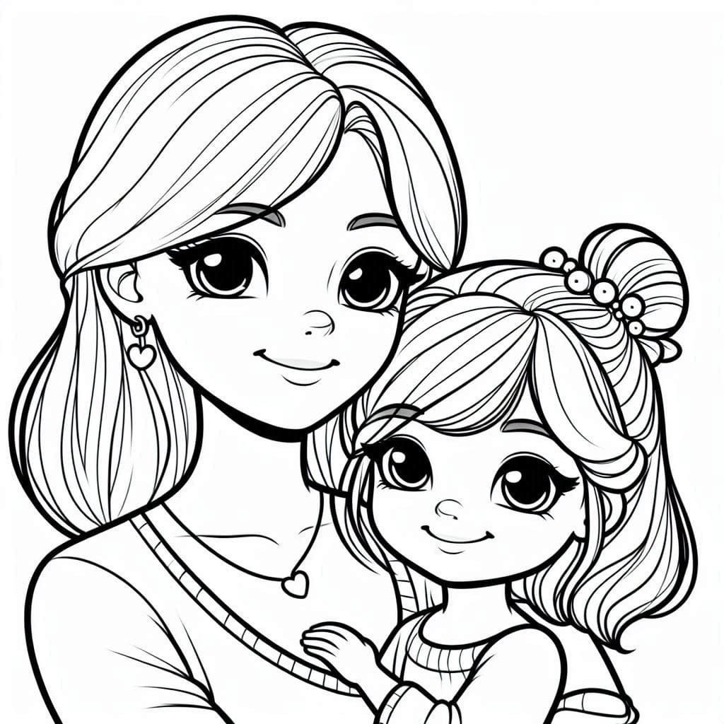 Desenho de Mãe e Filha para Crianças para Colorir e Pintar