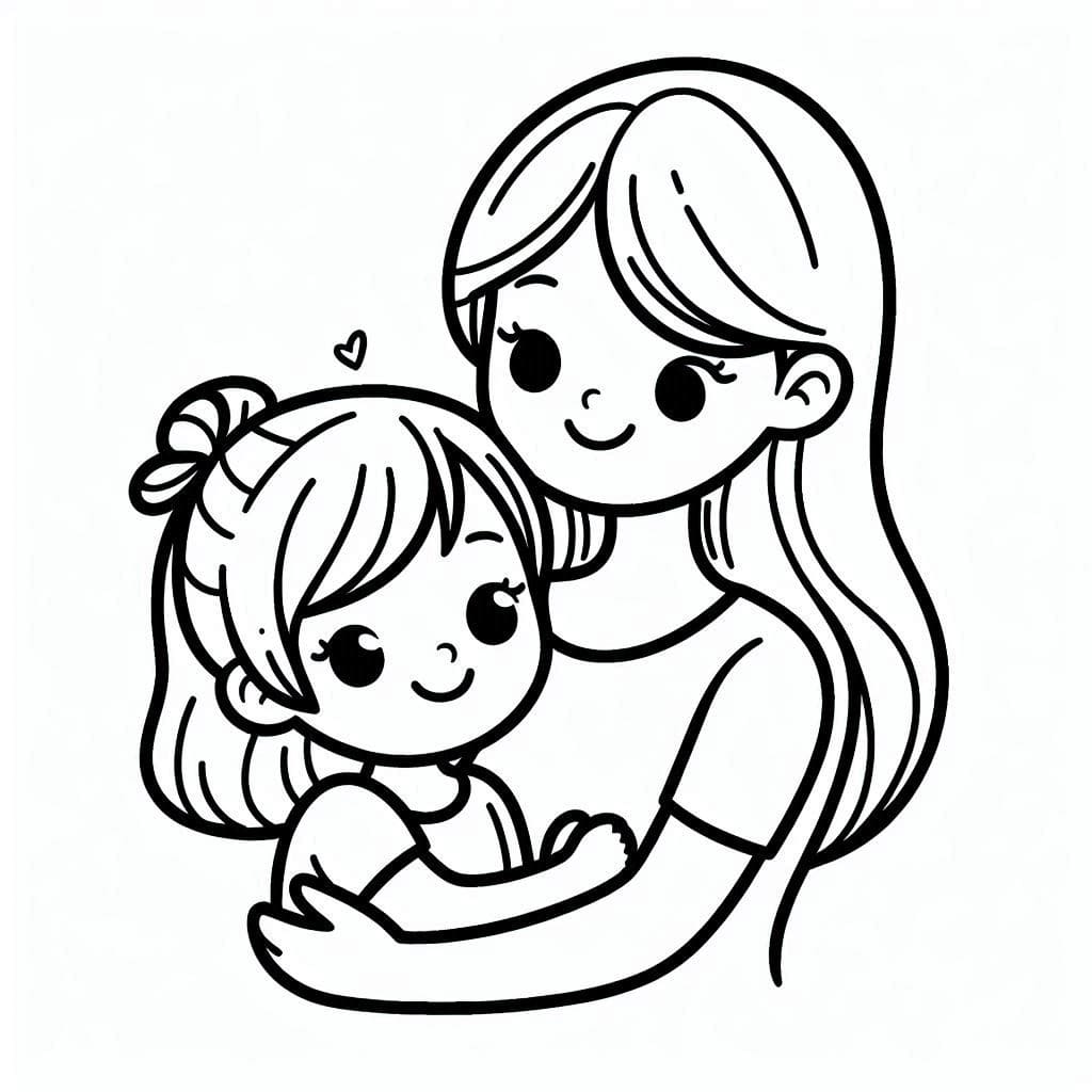 Desenho de Mãe e Filha Sorrindo para Colorir e Pintar