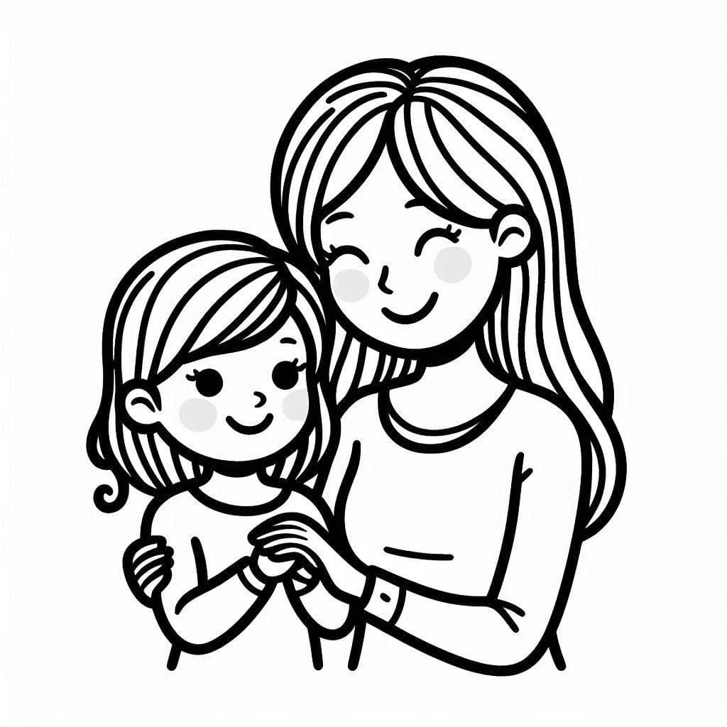 Desenho de Mãe e Filha Estão Alegres para Colorir e Pintar
